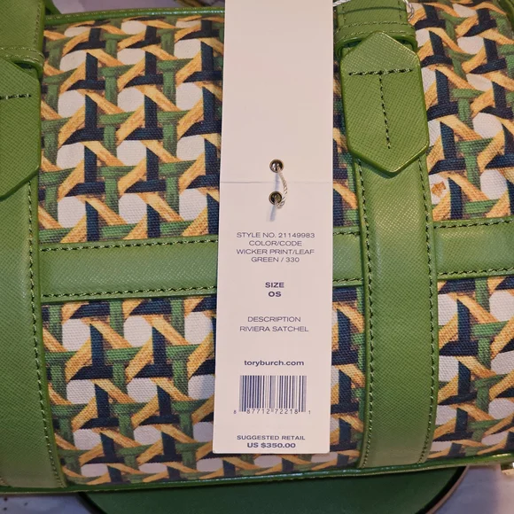 Tory Burch Riviera Green Wicker Print Leaf Patterned Women's Satchel Bag - Picture 8 of 16
